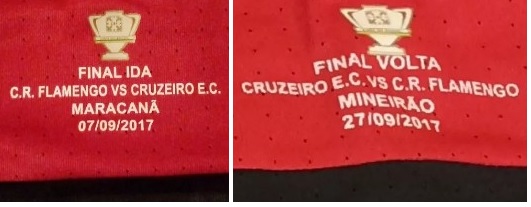 Patch com a silhueta do trofeu, a data e a inscrição Flamengo e Cruzeiro e depois Cruzeiro e Flamengo