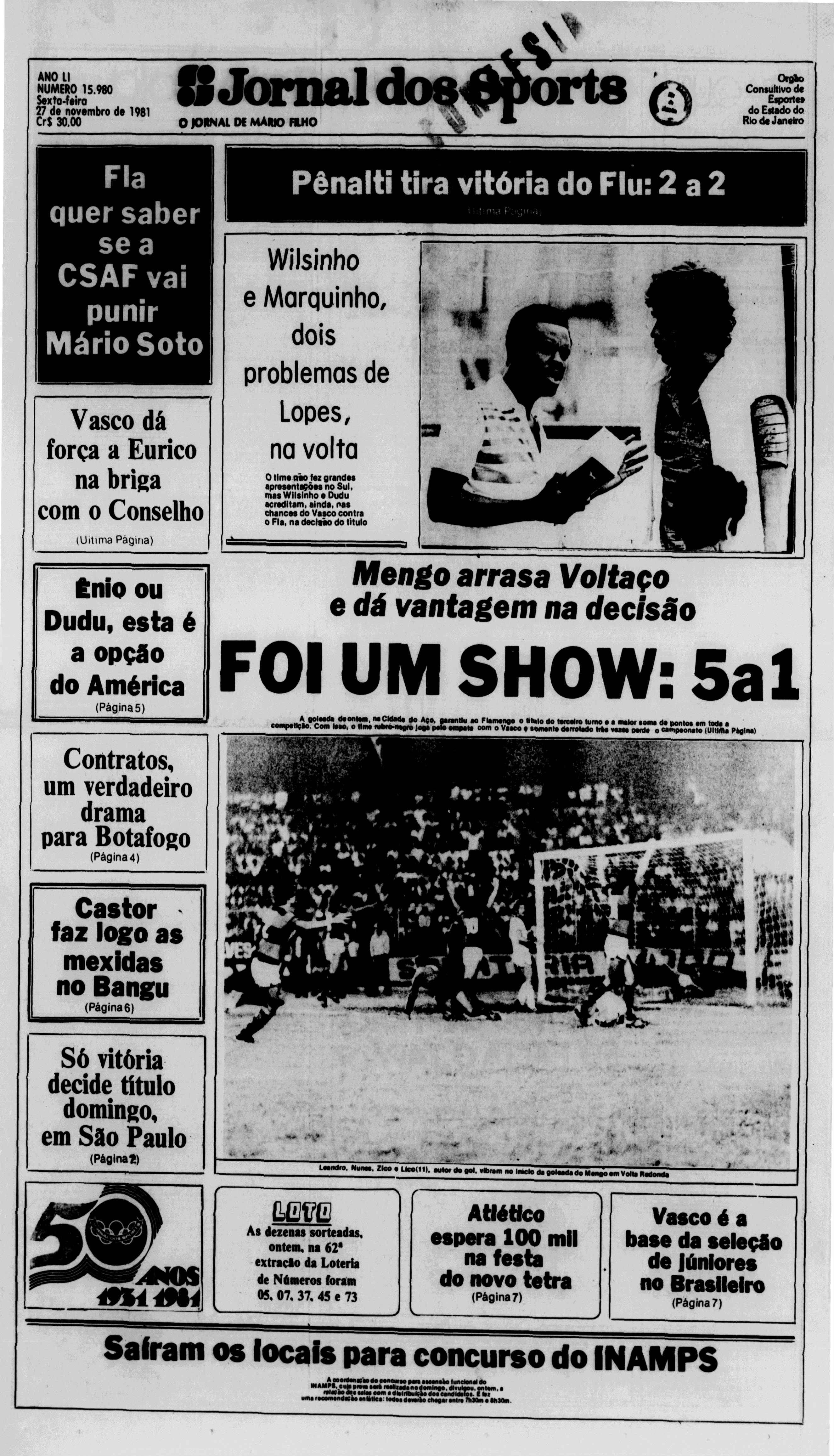 Jornal dos Sports (Flamengo Campeão Taça Sylvio Correa Pacheco 1981)