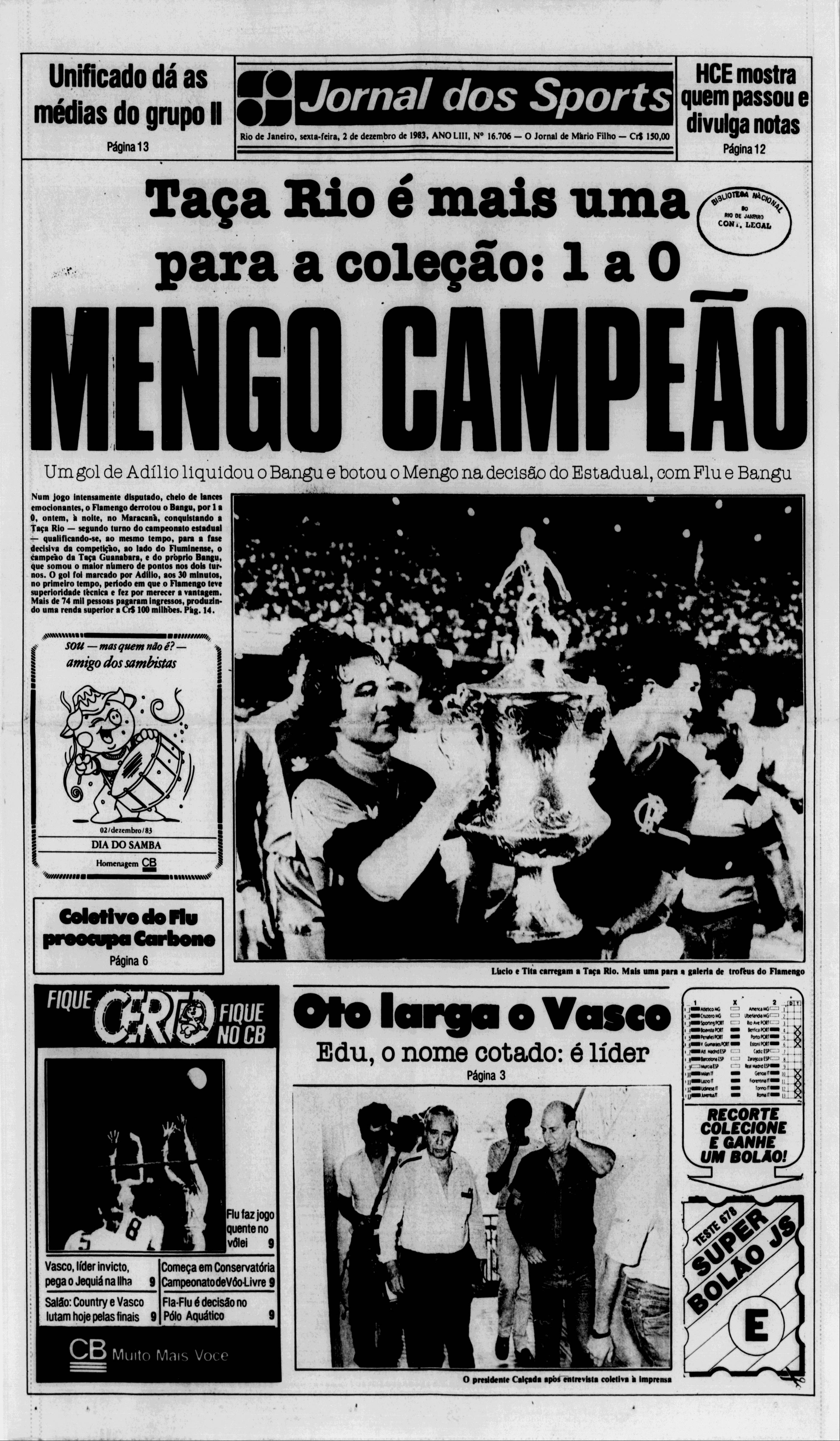 Jornal dos Sports (Flamengo Campeão Taça Rio 1983)